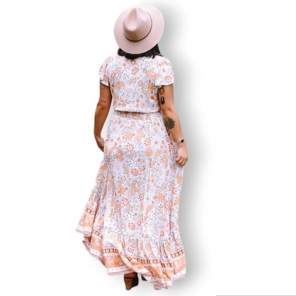 Honey Bunch blue orange + tan floral print high-low boho maxi dress fits AU 8-14 - Picture 10 of 15